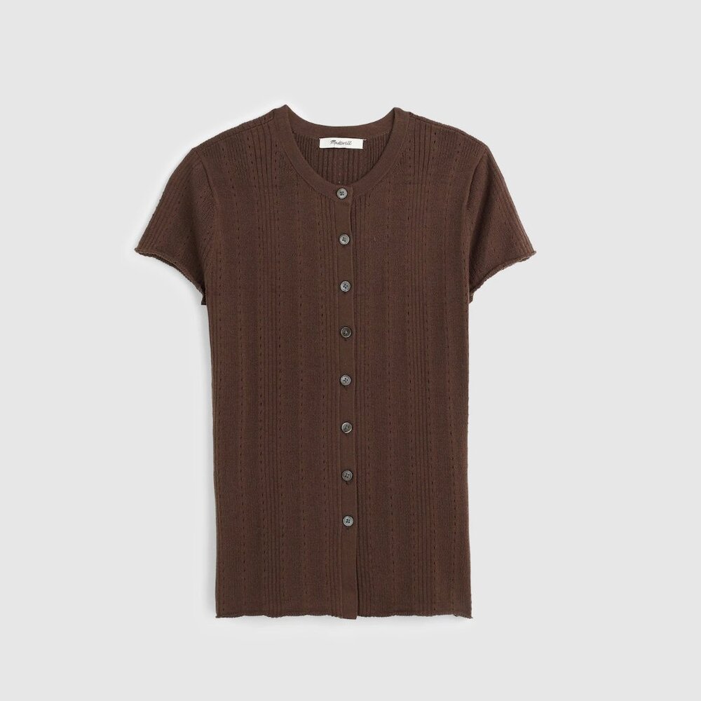 Madewell Cotton-Blend Pointelle Short-Sleeve Cardigan M medium Chicory Brown